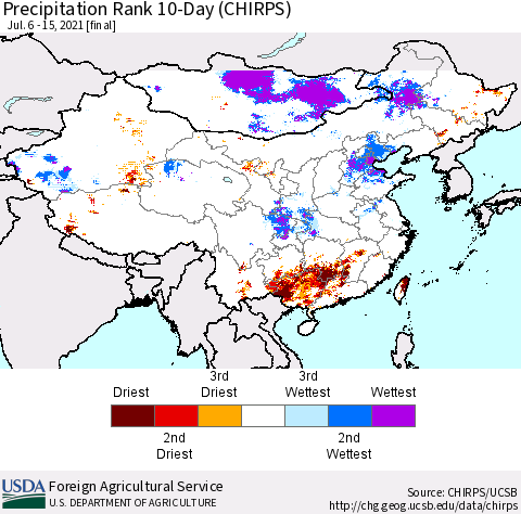 China, Mongolia and Taiwan Precipitation Rank since 1981, 10-Day (CHIRPS) Thematic Map For 7/6/2021 - 7/15/2021