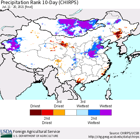 China, Mongolia and Taiwan Precipitation Rank since 1981, 10-Day (CHIRPS) Thematic Map For 7/11/2021 - 7/20/2021