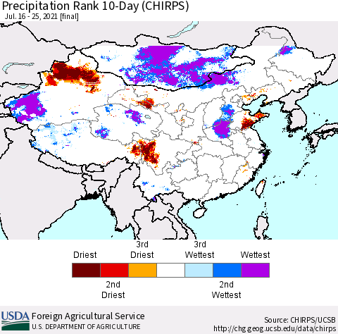 China, Mongolia and Taiwan Precipitation Rank since 1981, 10-Day (CHIRPS) Thematic Map For 7/16/2021 - 7/25/2021