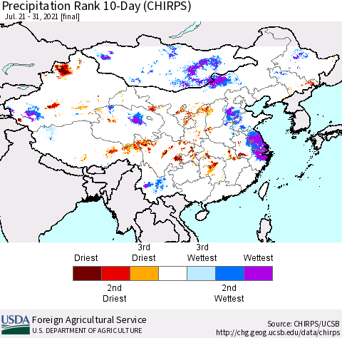 China, Mongolia and Taiwan Precipitation Rank since 1981, 10-Day (CHIRPS) Thematic Map For 7/21/2021 - 7/31/2021
