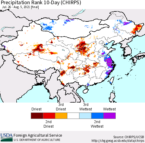 China, Mongolia and Taiwan Precipitation Rank since 1981, 10-Day (CHIRPS) Thematic Map For 7/26/2021 - 8/5/2021