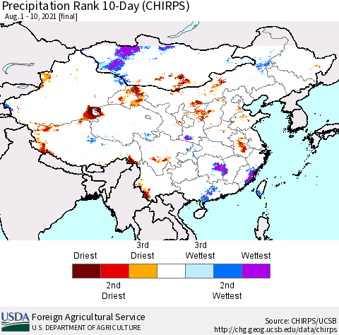 China, Mongolia and Taiwan Precipitation Rank since 1981, 10-Day (CHIRPS) Thematic Map For 8/1/2021 - 8/10/2021
