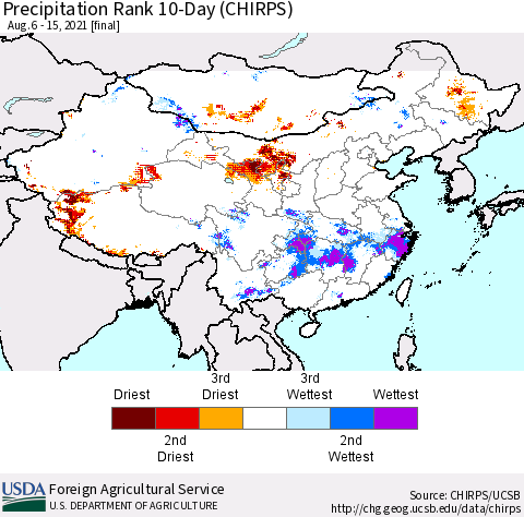 China, Mongolia and Taiwan Precipitation Rank since 1981, 10-Day (CHIRPS) Thematic Map For 8/6/2021 - 8/15/2021