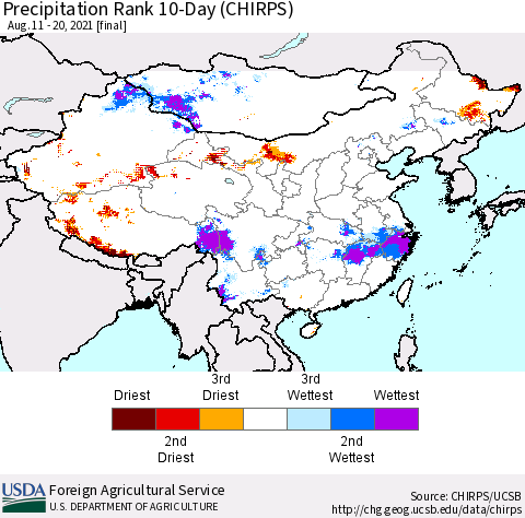 China, Mongolia and Taiwan Precipitation Rank since 1981, 10-Day (CHIRPS) Thematic Map For 8/11/2021 - 8/20/2021