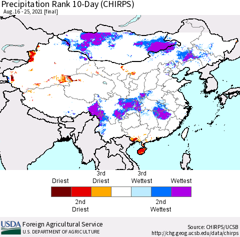 China, Mongolia and Taiwan Precipitation Rank since 1981, 10-Day (CHIRPS) Thematic Map For 8/16/2021 - 8/25/2021