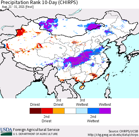 China, Mongolia and Taiwan Precipitation Rank since 1981, 10-Day (CHIRPS) Thematic Map For 8/21/2021 - 8/31/2021