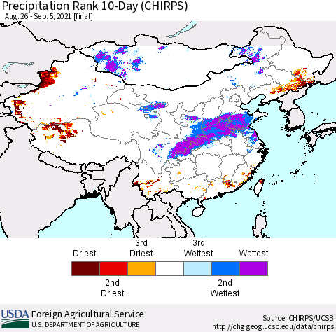 China, Mongolia and Taiwan Precipitation Rank since 1981, 10-Day (CHIRPS) Thematic Map For 8/26/2021 - 9/5/2021