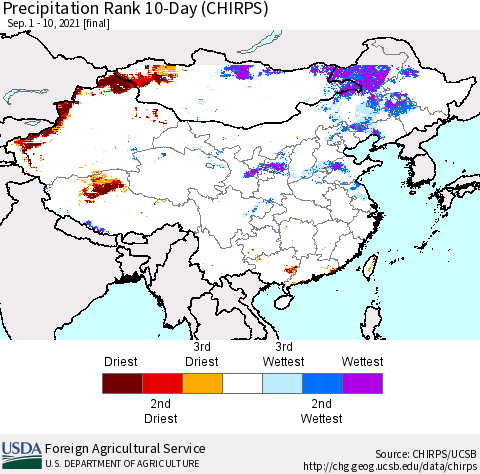 China, Mongolia and Taiwan Precipitation Rank since 1981, 10-Day (CHIRPS) Thematic Map For 9/1/2021 - 9/10/2021