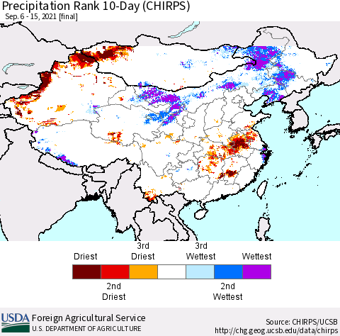 China, Mongolia and Taiwan Precipitation Rank since 1981, 10-Day (CHIRPS) Thematic Map For 9/6/2021 - 9/15/2021