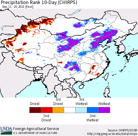 China, Mongolia and Taiwan Precipitation Rank since 1981, 10-Day (CHIRPS) Thematic Map For 9/11/2021 - 9/20/2021