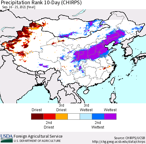 China, Mongolia and Taiwan Precipitation Rank since 1981, 10-Day (CHIRPS) Thematic Map For 9/16/2021 - 9/25/2021