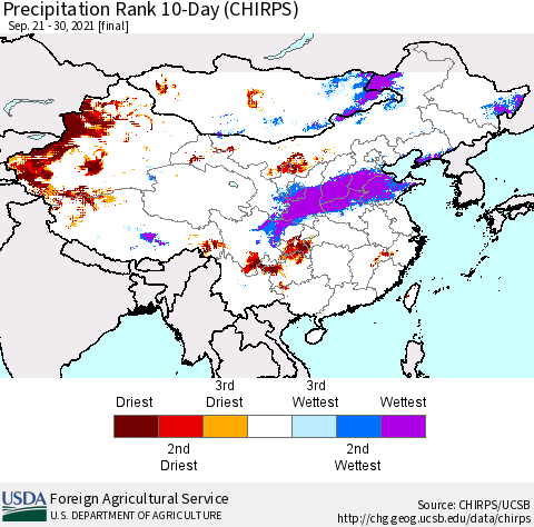 China, Mongolia and Taiwan Precipitation Rank since 1981, 10-Day (CHIRPS) Thematic Map For 9/21/2021 - 9/30/2021