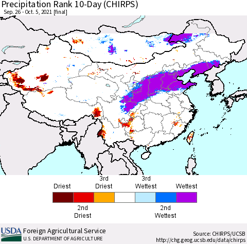 China, Mongolia and Taiwan Precipitation Rank since 1981, 10-Day (CHIRPS) Thematic Map For 9/26/2021 - 10/5/2021