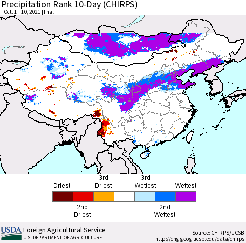 China, Mongolia and Taiwan Precipitation Rank since 1981, 10-Day (CHIRPS) Thematic Map For 10/1/2021 - 10/10/2021