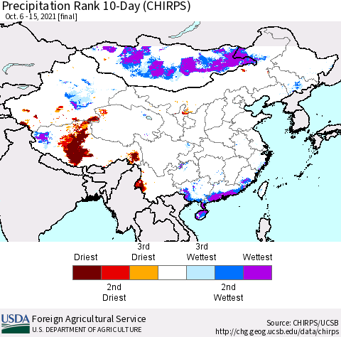 China, Mongolia and Taiwan Precipitation Rank since 1981, 10-Day (CHIRPS) Thematic Map For 10/6/2021 - 10/15/2021
