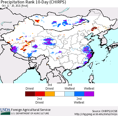 China, Mongolia and Taiwan Precipitation Rank since 1981, 10-Day (CHIRPS) Thematic Map For 10/11/2021 - 10/20/2021