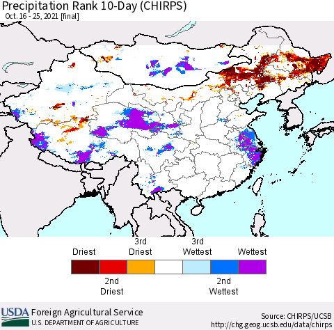 China, Mongolia and Taiwan Precipitation Rank since 1981, 10-Day (CHIRPS) Thematic Map For 10/16/2021 - 10/25/2021