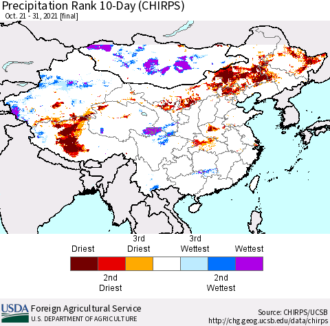 China, Mongolia and Taiwan Precipitation Rank since 1981, 10-Day (CHIRPS) Thematic Map For 10/21/2021 - 10/31/2021