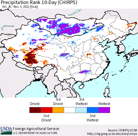 China, Mongolia and Taiwan Precipitation Rank since 1981, 10-Day (CHIRPS) Thematic Map For 10/26/2021 - 11/5/2021