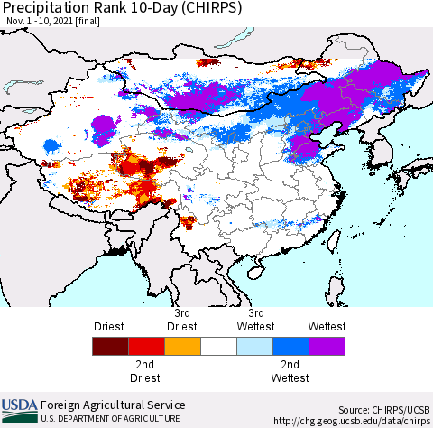 China, Mongolia and Taiwan Precipitation Rank since 1981, 10-Day (CHIRPS) Thematic Map For 11/1/2021 - 11/10/2021