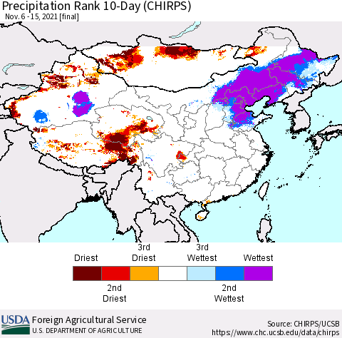 China, Mongolia and Taiwan Precipitation Rank since 1981, 10-Day (CHIRPS) Thematic Map For 11/6/2021 - 11/15/2021