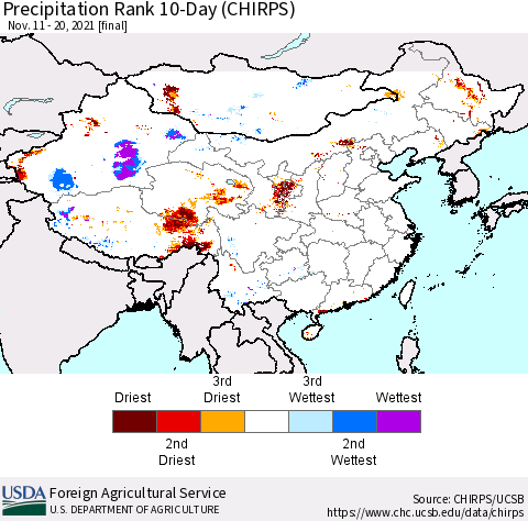 China, Mongolia and Taiwan Precipitation Rank since 1981, 10-Day (CHIRPS) Thematic Map For 11/11/2021 - 11/20/2021