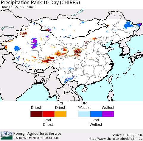 China, Mongolia and Taiwan Precipitation Rank since 1981, 10-Day (CHIRPS) Thematic Map For 11/16/2021 - 11/25/2021
