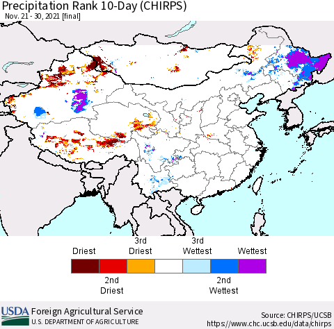 China, Mongolia and Taiwan Precipitation Rank since 1981, 10-Day (CHIRPS) Thematic Map For 11/21/2021 - 11/30/2021