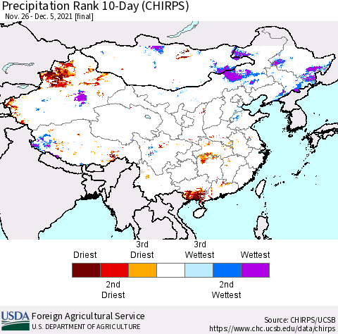 China, Mongolia and Taiwan Precipitation Rank since 1981, 10-Day (CHIRPS) Thematic Map For 11/26/2021 - 12/5/2021