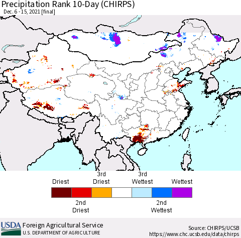 China, Mongolia and Taiwan Precipitation Rank since 1981, 10-Day (CHIRPS) Thematic Map For 12/6/2021 - 12/15/2021