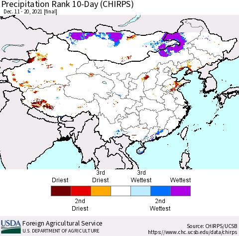 China, Mongolia and Taiwan Precipitation Rank since 1981, 10-Day (CHIRPS) Thematic Map For 12/11/2021 - 12/20/2021