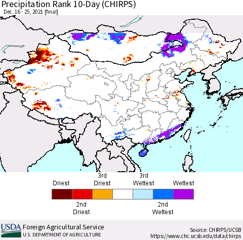 China, Mongolia and Taiwan Precipitation Rank since 1981, 10-Day (CHIRPS) Thematic Map For 12/16/2021 - 12/25/2021