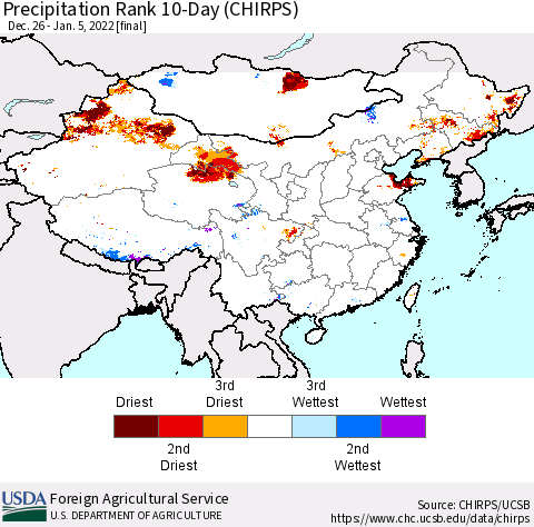China, Mongolia and Taiwan Precipitation Rank since 1981, 10-Day (CHIRPS) Thematic Map For 12/26/2021 - 1/5/2022