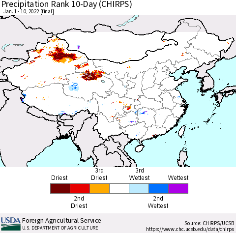 China, Mongolia and Taiwan Precipitation Rank since 1981, 10-Day (CHIRPS) Thematic Map For 1/1/2022 - 1/10/2022