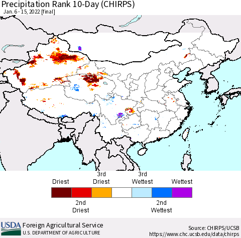 China, Mongolia and Taiwan Precipitation Rank since 1981, 10-Day (CHIRPS) Thematic Map For 1/6/2022 - 1/15/2022