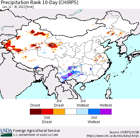 China, Mongolia and Taiwan Precipitation Rank since 1981, 10-Day (CHIRPS) Thematic Map For 1/11/2022 - 1/20/2022