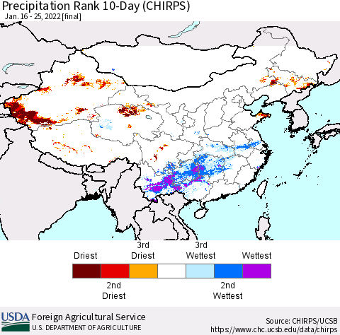 China, Mongolia and Taiwan Precipitation Rank since 1981, 10-Day (CHIRPS) Thematic Map For 1/16/2022 - 1/25/2022