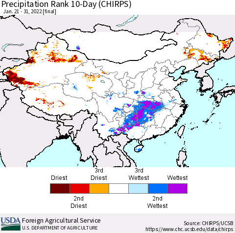 China, Mongolia and Taiwan Precipitation Rank since 1981, 10-Day (CHIRPS) Thematic Map For 1/21/2022 - 1/31/2022