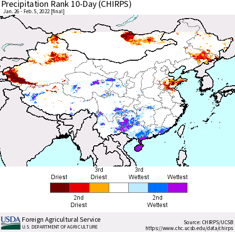 China, Mongolia and Taiwan Precipitation Rank since 1981, 10-Day (CHIRPS) Thematic Map For 1/26/2022 - 2/5/2022