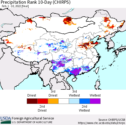 China, Mongolia and Taiwan Precipitation Rank since 1981, 10-Day (CHIRPS) Thematic Map For 2/1/2022 - 2/10/2022