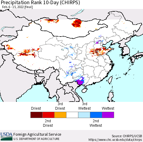 China, Mongolia and Taiwan Precipitation Rank since 1981, 10-Day (CHIRPS) Thematic Map For 2/6/2022 - 2/15/2022
