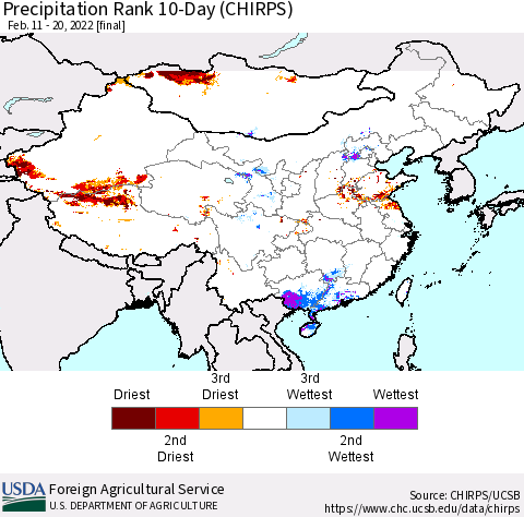 China, Mongolia and Taiwan Precipitation Rank since 1981, 10-Day (CHIRPS) Thematic Map For 2/11/2022 - 2/20/2022