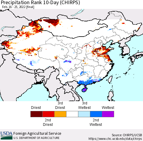 China, Mongolia and Taiwan Precipitation Rank since 1981, 10-Day (CHIRPS) Thematic Map For 2/16/2022 - 2/25/2022