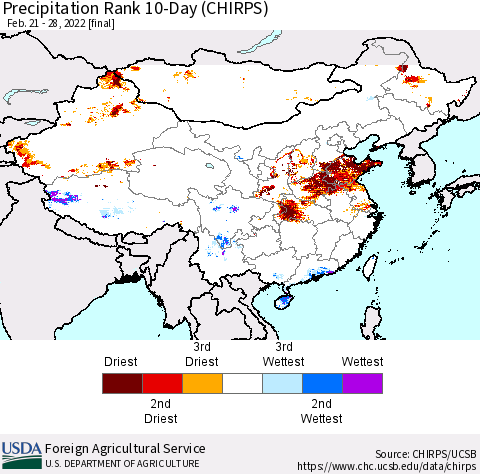 China, Mongolia and Taiwan Precipitation Rank since 1981, 10-Day (CHIRPS) Thematic Map For 2/21/2022 - 2/28/2022