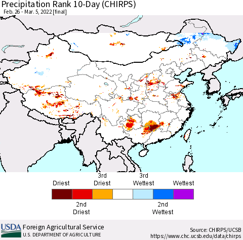 China, Mongolia and Taiwan Precipitation Rank since 1981, 10-Day (CHIRPS) Thematic Map For 2/26/2022 - 3/5/2022