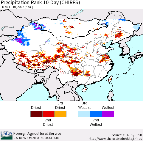 China, Mongolia and Taiwan Precipitation Rank since 1981, 10-Day (CHIRPS) Thematic Map For 3/1/2022 - 3/10/2022