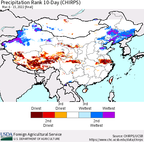 China, Mongolia and Taiwan Precipitation Rank since 1981, 10-Day (CHIRPS) Thematic Map For 3/6/2022 - 3/15/2022