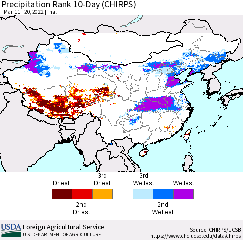 China, Mongolia and Taiwan Precipitation Rank since 1981, 10-Day (CHIRPS) Thematic Map For 3/11/2022 - 3/20/2022