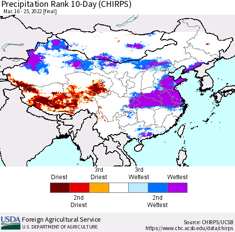 China, Mongolia and Taiwan Precipitation Rank since 1981, 10-Day (CHIRPS) Thematic Map For 3/16/2022 - 3/25/2022