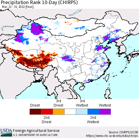 China, Mongolia and Taiwan Precipitation Rank since 1981, 10-Day (CHIRPS) Thematic Map For 3/21/2022 - 3/31/2022